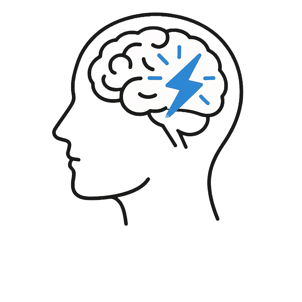 brain injury Cartoon illustration of a side profile of a face with brain and lightning bolt layered over the top, signifying OT driving assessments for individuals with brain injury