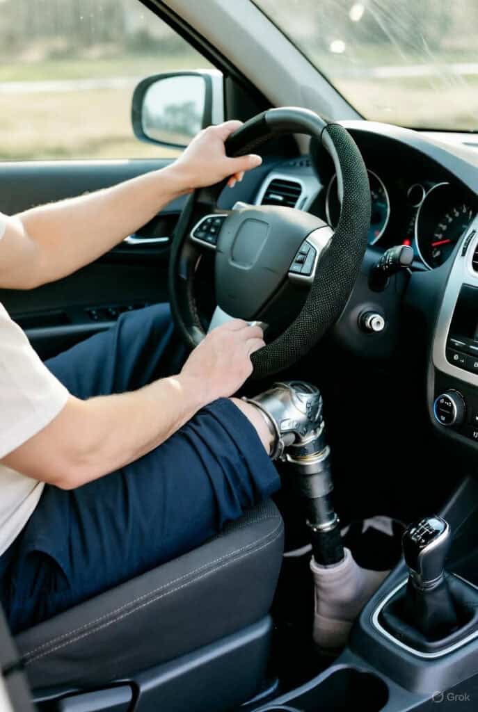 man with right below-knee prosthetic leg sits in the driver’s seat of a car, ready to drive